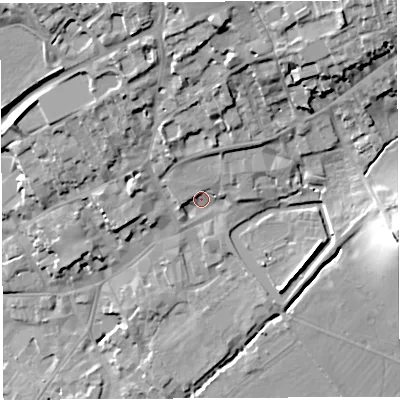 Shaded relief map of the ground around BA52UB, computed from Environment Agency LiDAR. The ground here sits at about 45 m above sea level and falls 29 m across the surrounding 800 m. Surface water reaching this point runs off ground lying to the north-east, 5.4 m higher.