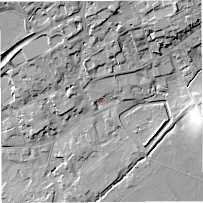 Shaded relief map of the ground around BA52UD, computed from Environment Agency LiDAR. The ground here sits at about 44 m above sea level and falls 28 m across the surrounding 800 m. Surface water reaching this point runs off ground lying to the north-east, 6.5 m higher.