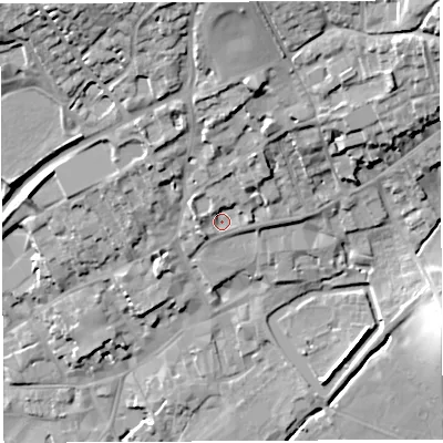 Shaded relief map of the ground around BA52UG, computed from Environment Agency LiDAR. The ground here sits at about 48 m above sea level and falls 34 m across the surrounding 800 m. Surface water reaching this point runs off ground lying to the north-north-east, 8.7 m higher.