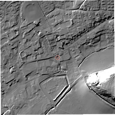 Shaded relief map of the ground around BA52UR, computed from Environment Agency LiDAR. The ground here sits at about 48 m above sea level and falls 50 m across the surrounding 800 m. Surface water reaching this point runs off ground lying to the north-north-east, 23.6 m higher.
