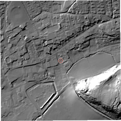 Shaded relief map of the ground around BA52US, computed from Environment Agency LiDAR. The ground here sits at about 47 m above sea level and falls 51 m across the surrounding 800 m. Surface water reaching this point runs off ground lying to the north-east, 29.1 m higher.