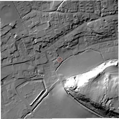 Shaded relief map of the ground around BA52UT, computed from Environment Agency LiDAR. The ground here sits at about 49 m above sea level and falls 51 m across the surrounding 800 m. Surface water reaching this point runs off ground lying to the south-east, 43.6 m higher.