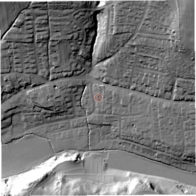 Shaded relief map of the ground around BA52XN, computed from Environment Agency LiDAR. The ground here sits at about 65 m above sea level and falls 62 m across the surrounding 800 m. Surface water reaching this point runs off ground lying to the north-east, 5.5 m higher.