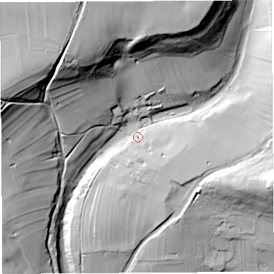 Shaded relief map of the ground around BA53AG, computed from Environment Agency LiDAR. The ground here sits at about 107 m above sea level and falls 83 m across the surrounding 800 m. Surface water reaching this point runs off ground lying to the north-north-east, 58.0 m higher.