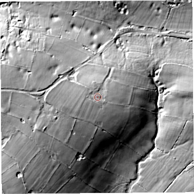 Shaded relief map of the ground around BA53DD, computed from Environment Agency LiDAR. The ground here sits at about 271 m above sea level and falls 29 m across the surrounding 800 m. Surface water reaching this point runs off ground lying to the west-south-west, 3.4 m higher.