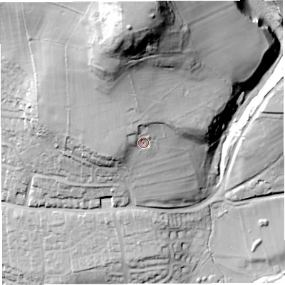 Shaded relief map of the ground around BA53HT, computed from Environment Agency LiDAR. The ground here sits at about 97 m above sea level and falls 86 m across the surrounding 800 m. Surface water reaching this point runs off ground lying to the north, 50.3 m higher.
