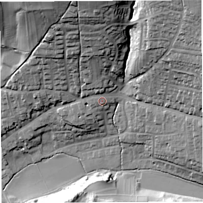 Shaded relief map of the ground around BA53LF, computed from Environment Agency LiDAR. The ground here sits at about 67 m above sea level and falls 60 m across the surrounding 800 m. Surface water reaching this point runs off ground lying to the north, 20.4 m higher.