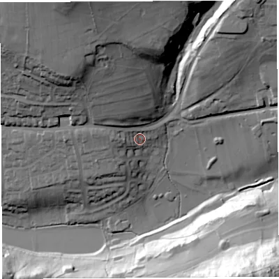 Shaded relief map of the ground around BA53LN, computed from Environment Agency LiDAR. The ground here sits at about 78 m above sea level and falls 71 m across the surrounding 800 m. Surface water reaching this point runs off ground lying to the west, 7.4 m higher.