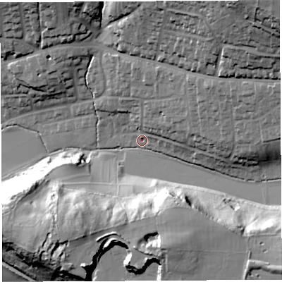 Shaded relief map of the ground around BA53NG, computed from Environment Agency LiDAR. The ground here sits at about 57 m above sea level and falls 53 m across the surrounding 800 m. Surface water reaching this point runs off ground lying to the east-north-east, 25.2 m higher.