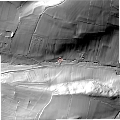 Shaded relief map of the ground around BA53PW, computed from Environment Agency LiDAR. The ground here sits at about 58 m above sea level and falls 81 m across the surrounding 800 m. Surface water reaching this point runs off ground lying to the north-east, 75.6 m higher.