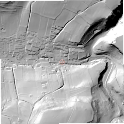 Shaded relief map of the ground around BA53QL, computed from Environment Agency LiDAR. The ground here sits at about 76 m above sea level and falls 82 m across the surrounding 800 m. Surface water reaching this point runs off ground lying to the north-east, 73.9 m higher.