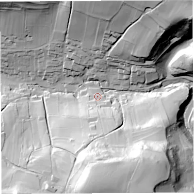 Shaded relief map of the ground around BA53QN, computed from Environment Agency LiDAR. The ground here sits at about 77 m above sea level and falls 80 m across the surrounding 800 m. Surface water reaching this point runs off ground lying to the south, 69.0 m higher.