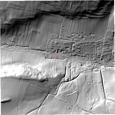 Shaded relief map of the ground around BA53QQ, computed from Environment Agency LiDAR. The ground here sits at about 64 m above sea level and falls 75 m across the surrounding 800 m. Surface water reaching this point runs off ground lying to the north-east, 70.6 m higher.
