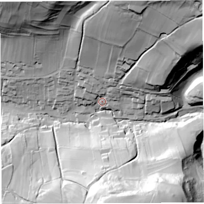 Shaded relief map of the ground around BA53QT, computed from Environment Agency LiDAR. The ground here sits at about 77 m above sea level and falls 88 m across the surrounding 800 m. Surface water reaching this point runs off ground lying to the north-north-east, 68.6 m higher.