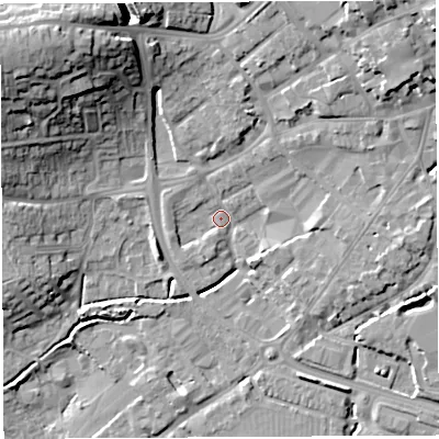 Shaded relief map of the ground around BA59BR, computed from Environment Agency LiDAR. The ground here sits at about 33 m above sea level and falls 25 m across the surrounding 800 m. Surface water reaching this point runs off ground lying to the north-north-east, 4.2 m higher.