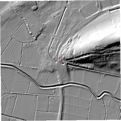 Shaded relief map of the ground around BA68AA, computed from Environment Agency LiDAR. The ground here sits at about 13 m above sea level and falls 51 m across the surrounding 800 m. Surface water reaching this point runs off ground lying to the east-north-east, 11.7 m higher.