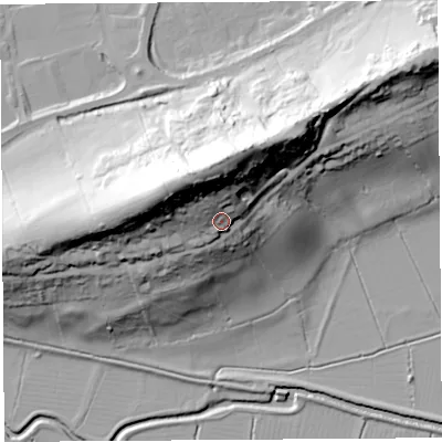 Shaded relief map of the ground around BA68AB, computed from Environment Agency LiDAR. The ground here sits at about 40 m above sea level and falls 65 m across the surrounding 800 m. Surface water reaching this point runs off ground lying to the north-west, 33.9 m higher.