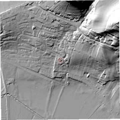 Shaded relief map of the ground around BA68EX, computed from Environment Agency LiDAR. The ground here sits at about 19 m above sea level and falls 100 m across the surrounding 800 m. Surface water reaching this point runs off ground lying to the north-east, 25.8 m higher.