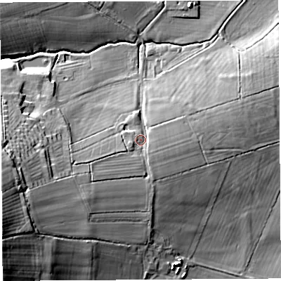Shaded relief map of the ground around BA68JS, computed from Environment Agency LiDAR. The ground here sits at about 24 m above sea level and falls 38 m across the surrounding 800 m. Surface water reaching this point runs off ground lying to the west-south-west, 25.0 m higher.