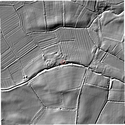 Shaded relief map of the ground around BA68LG, computed from Environment Agency LiDAR. The ground here sits at about 14 m above sea level and falls 8 m across the surrounding 800 m. Surface water reaching this point runs off ground lying to the south-south-east, 5.1 m higher.