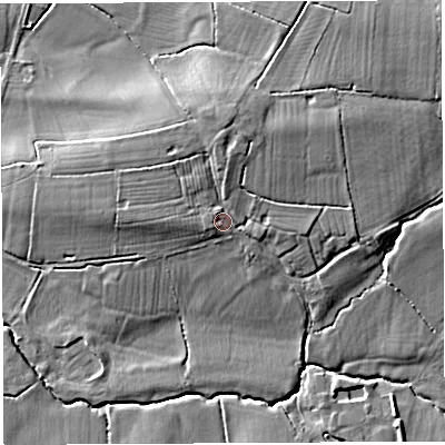 Shaded relief map of the ground around BA68LS, computed from Environment Agency LiDAR. The ground here sits at about 20 m above sea level and falls 14 m across the surrounding 800 m. Surface water reaching this point runs off ground lying to the north, 2.9 m higher.