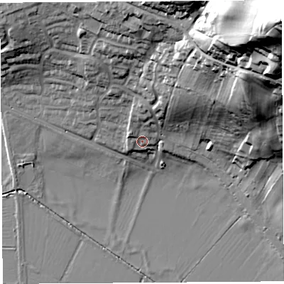 Shaded relief map of the ground around BA68LZ, computed from Environment Agency LiDAR. The ground here sits at about 13 m above sea level and falls 98 m across the surrounding 800 m. Surface water reaching this point runs off ground lying to the north, 7.8 m higher.