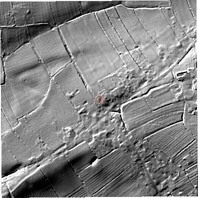 Shaded relief map of the ground around BA68NU, computed from Environment Agency LiDAR. The ground here sits at about 27 m above sea level and falls 26 m across the surrounding 800 m. Surface water reaching this point runs off ground lying to the east-north-east, 2.0 m higher.