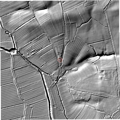 Shaded relief map of the ground around BA68PQ, computed from Environment Agency LiDAR. The ground here sits at about 16 m above sea level and falls 21 m across the surrounding 800 m. Surface water reaching this point runs off ground lying to the north, 9.6 m higher.