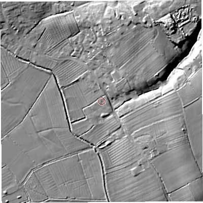 Shaded relief map of the ground around BA68QT, computed from Environment Agency LiDAR. The ground here sits at about 15 m above sea level and falls 29 m across the surrounding 800 m. Surface water reaching this point runs off ground lying to the east-north-east, 2.1 m higher.