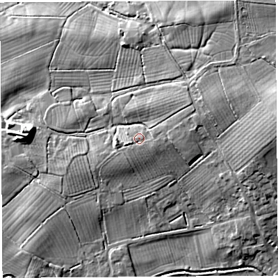 Shaded relief map of the ground around BA68RH, computed from Environment Agency LiDAR. The ground here sits at about 18 m above sea level and falls 15 m across the surrounding 800 m. Surface water reaching this point runs off ground lying to the west-south-west, 1.2 m higher.