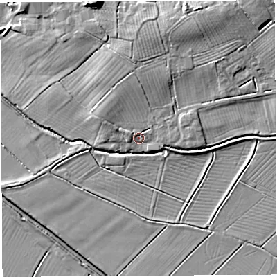 Shaded relief map of the ground around BA68RJ, computed from Environment Agency LiDAR. The ground here sits at about 13 m above sea level and falls 10 m across the surrounding 800 m. Surface water reaching this point runs off ground lying to the north, 3.7 m higher.