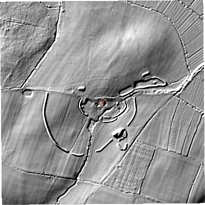 Shaded relief map of the ground around BA68RU, computed from Environment Agency LiDAR. The ground here sits at about 15 m above sea level and falls 12 m across the surrounding 800 m. Surface water reaching this point runs off ground lying to the north-west, 2.7 m higher.