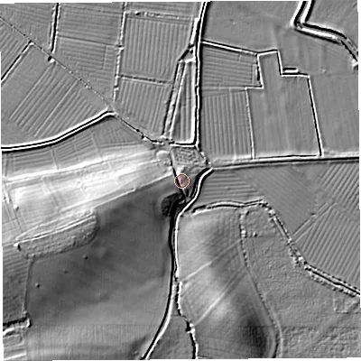 Shaded relief map of the ground around BA68TS, computed from Environment Agency LiDAR. The ground here sits at about 13 m above sea level and falls 12 m across the surrounding 800 m. Surface water reaching this point runs off ground lying to the west-south-west, 5.1 m higher.