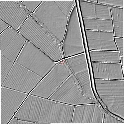Shaded relief map of the ground around BA68TT, computed from Environment Agency LiDAR. The ground here sits at about 9 m above sea level and falls 5 m across the surrounding 800 m. Surface water reaching this point runs off ground lying to the south-east, 1.0 m higher.