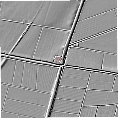 Shaded relief map of the ground around BA69AB, computed from Environment Agency LiDAR. The ground here sits at about 7 m above sea level and falls 4 m across the surrounding 800 m. Surface water reaching this point runs off ground lying to the east-south-east, 2.0 m higher.