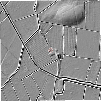 Shaded relief map of the ground around BA69AD, computed from Environment Agency LiDAR. The ground here sits at about 4 m above sea level and falls 6 m across the surrounding 800 m. Surface water reaching this point runs off ground lying to the south-east, 3.5 m higher.
