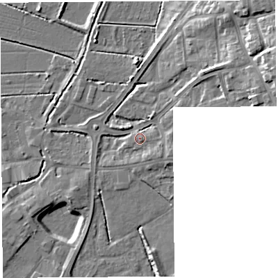 Shaded relief map of the ground around BA69AE, computed from Environment Agency LiDAR. The ground here sits at about 8 m above sea level and falls 17 m across the surrounding 800 m. Surface water reaching this point runs off ground lying to the east, 1.9 m higher.