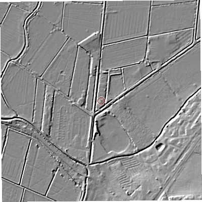 Shaded relief map of the ground around BA69AF, computed from Environment Agency LiDAR. The ground here sits at about 6 m above sea level and falls 11 m across the surrounding 800 m. Surface water reaching this point runs off ground lying to the south, 3.8 m higher.