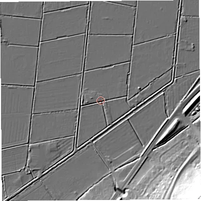 Shaded relief map of the ground around BA69AX, computed from Environment Agency LiDAR. The ground here sits at about 5 m above sea level and falls 36 m across the surrounding 800 m. Surface water reaching this point runs off ground lying to the west, 2.1 m higher.