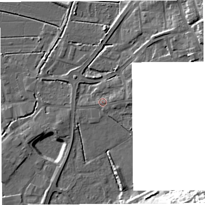 Shaded relief map of the ground around BA69EZ, computed from Environment Agency LiDAR. The ground here sits at about 8 m above sea level and falls 31 m across the surrounding 800 m. Surface water reaching this point runs off ground lying to the east-north-east, 2.3 m higher.