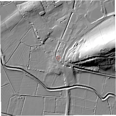 Shaded relief map of the ground around BA69FT, computed from Environment Agency LiDAR. The ground here sits at about 9 m above sea level and falls 44 m across the surrounding 800 m. Surface water reaching this point runs off ground lying to the east-south-east, 3.9 m higher.