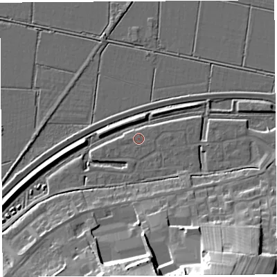 Shaded relief map of the ground around BA69GJ, computed from Environment Agency LiDAR. The ground here sits at about 6 m above sea level and falls 28 m across the surrounding 800 m. Surface water reaching this point runs off ground lying to the west, 1.1 m higher.