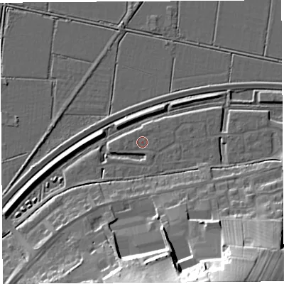 Shaded relief map of the ground around BA69GL, computed from Environment Agency LiDAR. The ground here sits at about 6 m above sea level and falls 36 m across the surrounding 800 m. The ground contributing surface water to this point lies to the west.