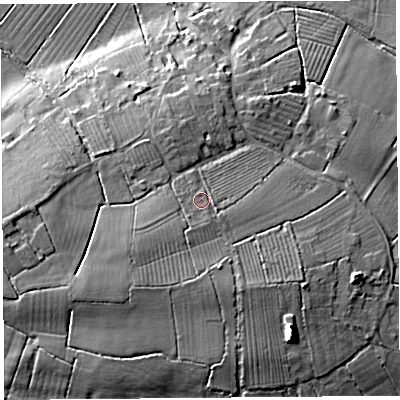 Shaded relief map of the ground around BA69GQ, computed from Environment Agency LiDAR. The ground here sits at about 10 m above sea level and falls 14 m across the surrounding 800 m. Surface water reaching this point runs off ground lying to the south-west, 1.0 m higher.