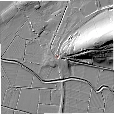 Shaded relief map of the ground around BA69GX, computed from Environment Agency LiDAR. The ground here sits at about 8 m above sea level and falls 47 m across the surrounding 800 m. Surface water reaching this point runs off ground lying to the east-north-east, 11.7 m higher.