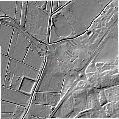 Shaded relief map of the ground around BA69LE, computed from Environment Agency LiDAR. The ground here sits at about 7 m above sea level and falls 18 m across the surrounding 800 m. Surface water reaching this point runs off ground lying to the east-south-east, 12.2 m higher.