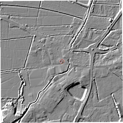 Shaded relief map of the ground around BA69LX, computed from Environment Agency LiDAR. The ground here sits at about 6 m above sea level and falls 8 m across the surrounding 800 m. Surface water reaching this point runs off ground lying to the south, 1.8 m higher.