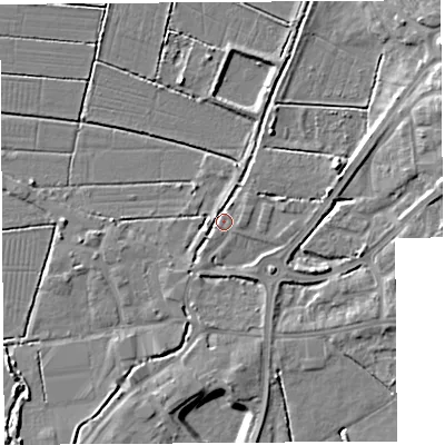 Shaded relief map of the ground around BA69LZ, computed from Environment Agency LiDAR. The ground here sits at about 6 m above sea level and falls 9 m across the surrounding 800 m. Surface water reaching this point runs off ground lying to the east-north-east, 7.1 m higher.