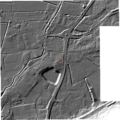 Shaded relief map of the ground around BA69NN, computed from Environment Agency LiDAR. The ground here sits at about 8 m above sea level and falls 37 m across the surrounding 800 m. Surface water reaching this point runs off ground lying to the west-south-west, 0.9 m higher.