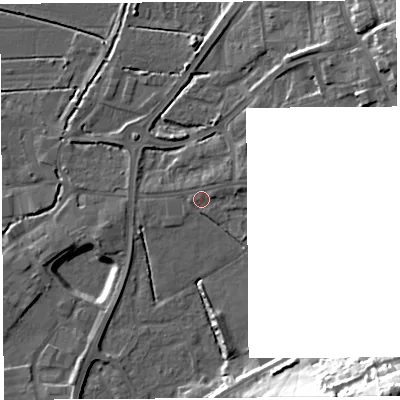 Shaded relief map of the ground around BA69NQ, computed from Environment Agency LiDAR. The ground here sits at about 8 m above sea level and falls 36 m across the surrounding 800 m. Surface water reaching this point runs off ground lying to the east-north-east, 2.9 m higher.